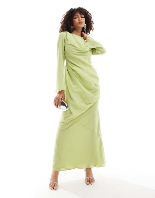 ASOS DESIGN – Maxikleid in Limettengrün mit Wasserfall-Overlay und drapierter Vorderseite