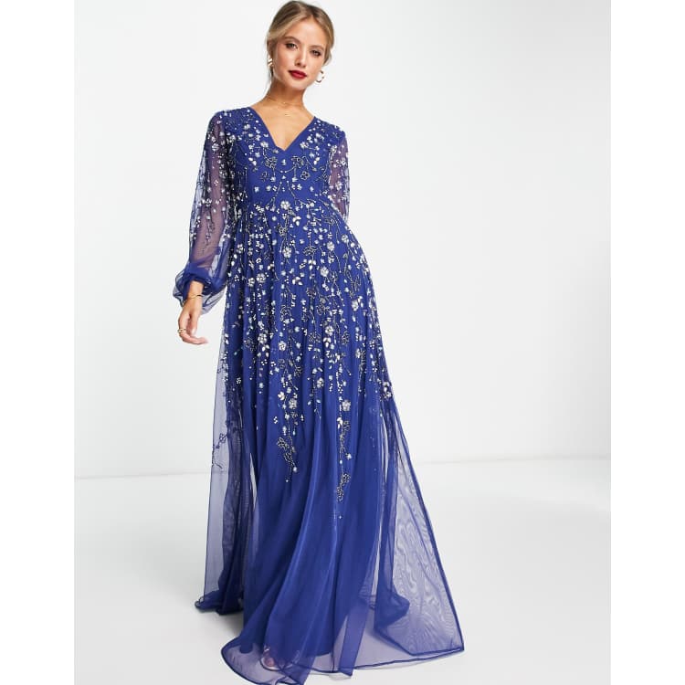 ASOS DESIGN Maxikleid in Marineblau mit Blouson rmeln und filigraner Blumenverzierung