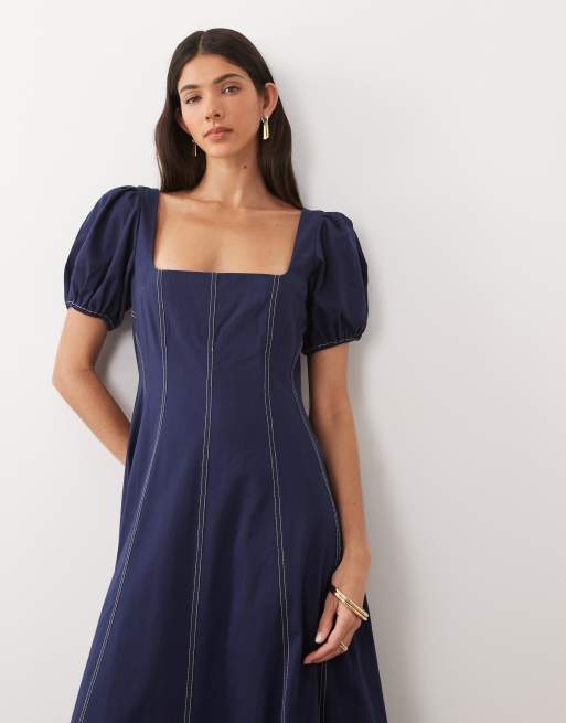 ASOS DESIGN – Maxikleid in Marineblau mit eckigem Ausschnitt, Puffärmeln und Kontrastnaht, 2 von 4