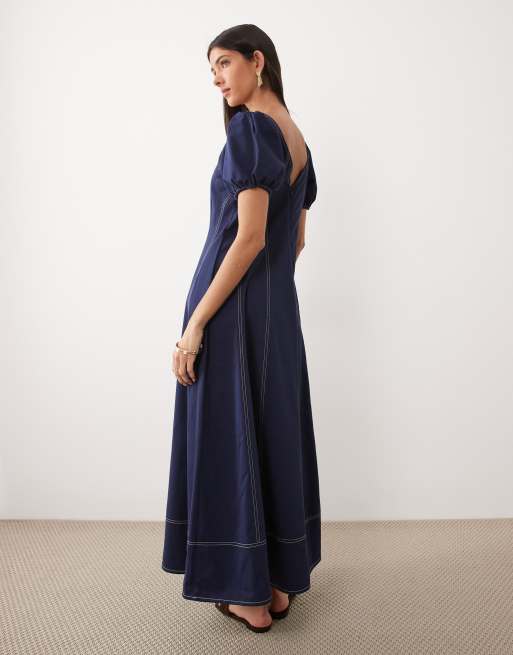 ASOS DESIGN – Maxikleid in Marineblau mit eckigem Ausschnitt, Puffärmeln und Kontrastnaht, 4 von 4