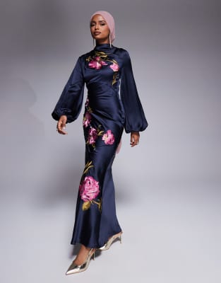 ASOS DESIGN - Maxikleid in Marineblau mit Schrägschnitt, Blousonärmeln, Blumenstickerei und Wasserfallausschnitt