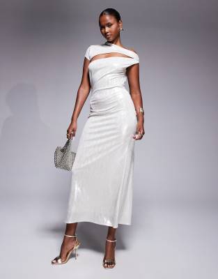 ASOS DESIGN - Maxikleid in Metallic-Nude mit asymmetrischem Overlay und einem kurzen Ärmel-Neutral