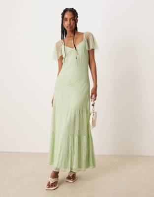 ASOS DESIGN - Maxikleid in Minzgrün mit Flatterärmeln und Spitzeneinsätzen
