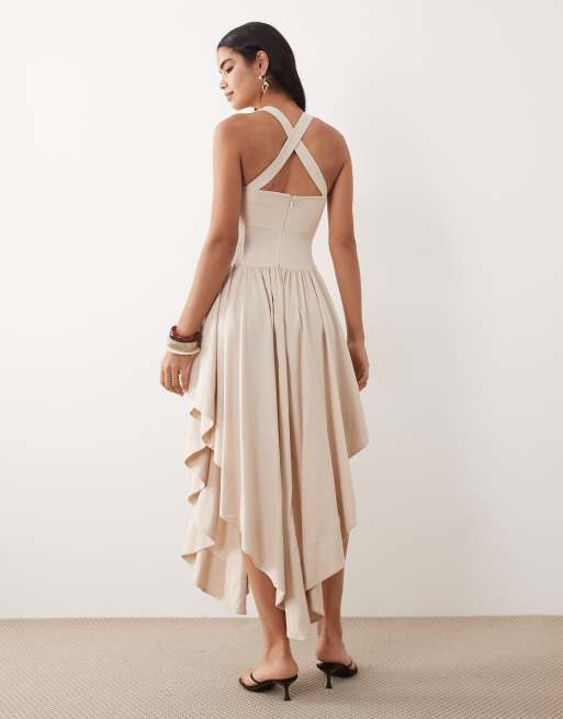 ASOS DESIGN – Maxikleid in Neutral mit breiten Neckholder-Trägern und voluminösem Rock, 3 von 4