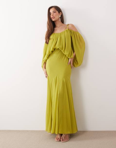 ASOS DESIGN – Maxikleid in Olivgrün mit Blouson-Oberteil, geschlitzten Ärmeln und voluminösem Godet-Rockteil - view 1