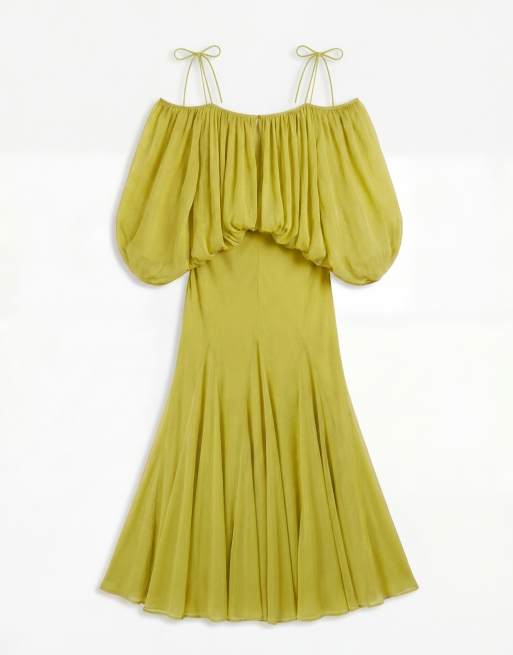 ASOS DESIGN – Maxikleid in Olivgrün mit Blouson-Oberteil, geschlitzten Ärmeln und voluminösem Godet-Rockteil, 6 von 8