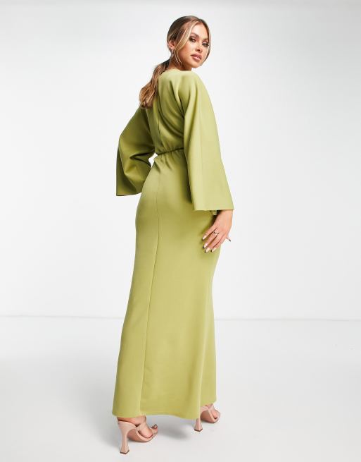 ASOS DESIGN – Maxikleid in Olivgrün mit gedrehter Vorderpartie und Glockenärmeln, 4 von 4