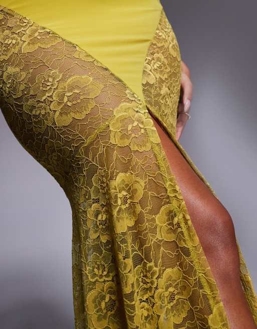 ASOS DESIGN – Maxikleid in Olivgrün mit Schwalbenschwanz-Saum aus Spitze und Riemchen-Neckholder, 4 von 4