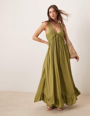 ASOS DESIGN - Maxikleid in Olivgrün mit Zipfelsaum und U-Ausschnitt