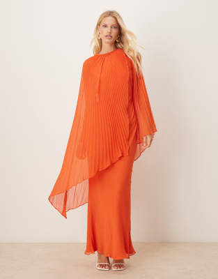 ASOS DESIGN - Maxikleid in Orange mit auffälligen Plissee-Ärmeln und Schrägschnitt