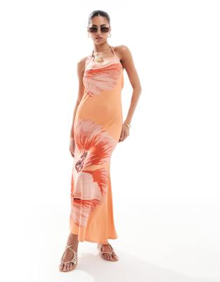 ASOS DESIGN - Maxikleid in Orange mit schmalen Trägern, Wasserfallausschnitt am Rücken und Blumenprint-Bunt