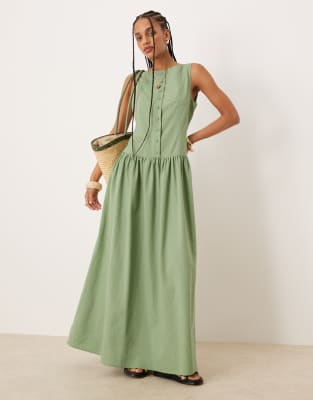 ASOS DESIGN – Maxikleid in Pistaziengrün mit tief angesetzter Taille, U-Boot-Ausschnitt und Knopfleiste - view 1