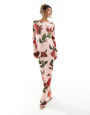 ASOS DESIGN - Maxikleid in Rosa aus Netzstoff mit Rosen-Print, tiefem Rückenausschnitt und Trompetenärmeln-Bunt