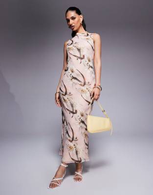 ASOS DESIGN - Maxikleid in Rosa mit Blumenmuster und U-Boot-Ausschnitt-Bunt