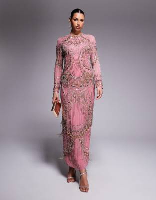 ASOS DESIGN - Maxikleid in Rosa mit Verzierung und Fransen
