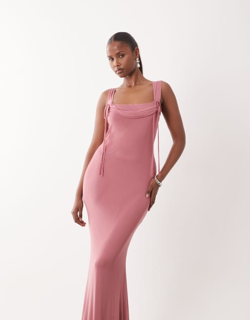 ASOS DESIGN – Maxikleid in Rosé mit eckigem Wasserfallausschnitt und Bindedetail am Ausschnitt, 2 von 4