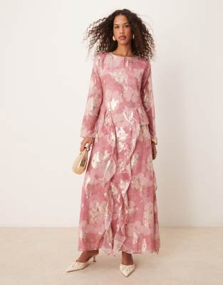 ASOS DESIGN - Maxikleid in Rosé mit Metallic-Blumenmuster und Rankensaum-Rosa