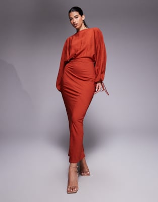 ASOS DESIGN - Maxikleid in Rost mit Blouson-Ärmeln, Biesen und Bindebändern-Orange