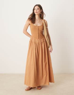 ASOS DESIGN - Maxikleid in Rost mit U-Ausschnitt, geripptem Oberteil und Popeline-Rock-Orange