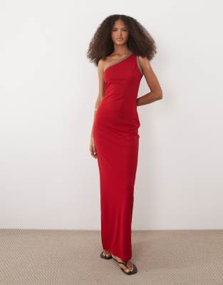 ASOS DESIGN - Maxikleid in Rot mit One-Shoulder-Träger und Seitenschlitz