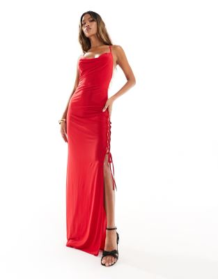 ASOS DESIGN - Maxikleid in Rot mit Riemchendesign zum Schnüren und Wasserfallausschnitt