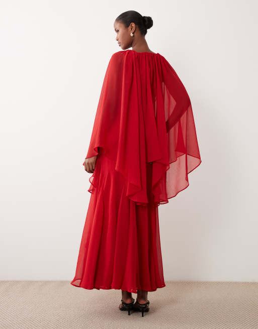 ASOS DESIGN – Maxikleid in Rot mit Rüschen und weiten Cape-Ärmeln, 3 von 4