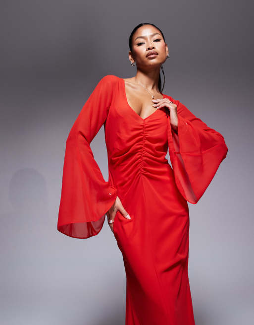 ASOS DESIGN v neck ruched front maxi dress in red
