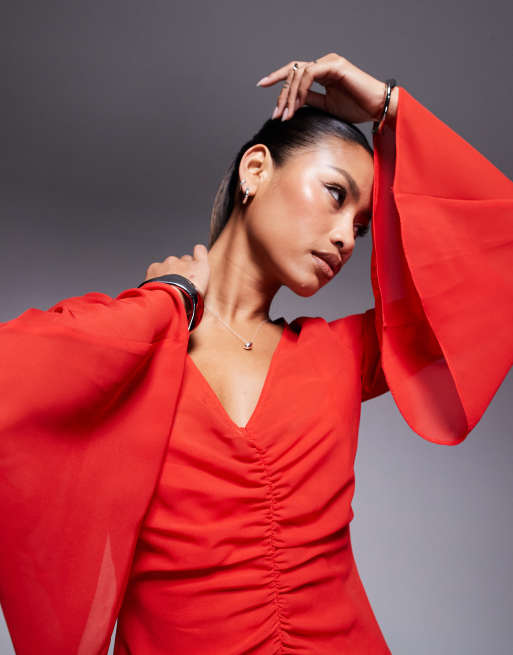 ASOS DESIGN v neck ruched front maxi dress in red