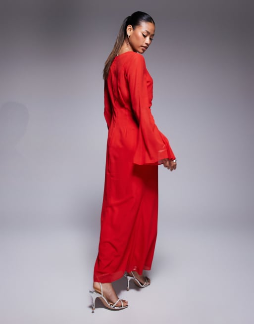 ASOS DESIGN v neck ruched front maxi dress in red