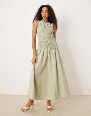 ASOS DESIGN - Maxikleid in Salbeigrün mit gesmokter Taille