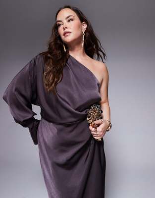 ASOS DESIGN - Maxikleid in Schokobraun mit One-Shoulder-Träger und Faltendetails