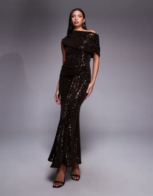 ASOS DESIGN - Maxikleid in Schokobraun mit Pailletten, extremer Raffung am Oberteil und Drapierung-Brown