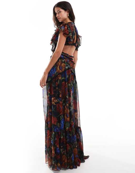 ASOS DESIGN – Maxikleid in Schwarz geblümt mit Wickeloptik, Flatterärmeln und Spitzenbesatz, 3 von 4