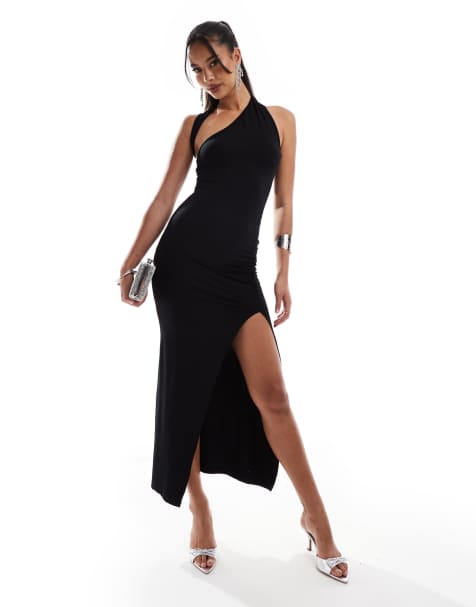 ASOS DESIGN – Maxikleid in Schwarz mit Ausschnitt in Wickeloptik und gerafftem Rock - view 1