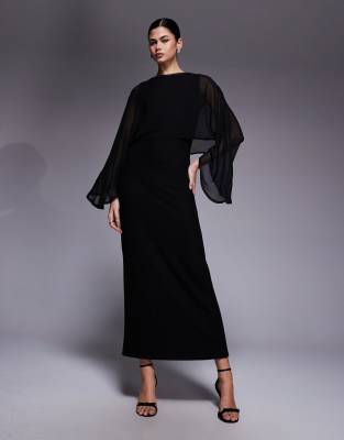 ASOS DESIGN - Maxikleid in Schwarz mit Cape-Design aus Chiffon und asymmetrischen Ärmeln