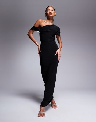 ASOS DESIGN - Maxikleid in Schwarz mit Carmen-Ausschnitt und Besatz