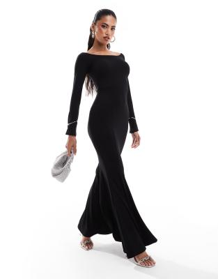 ASOS DESIGN - Maxikleid in Schwarz mit Carmen-Ausschnitt und Zierbesatz mit Armreifen