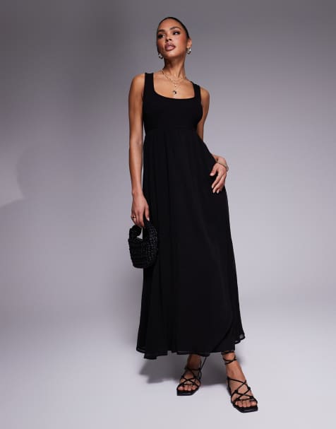 ASOS DESIGN – Maxikleid in Schwarz mit Chiffonrock und fein gerippter Brustpartie - view 1