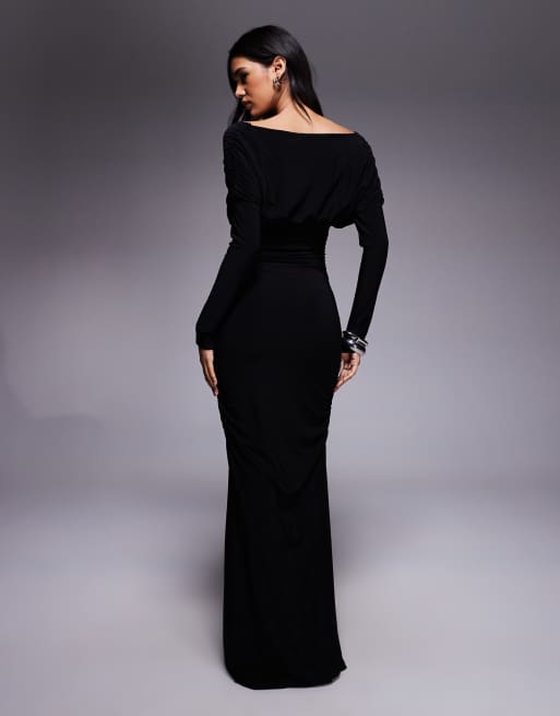 ASOS DESIGN – Maxikleid in Schwarz mit drapierten Ärmeln und schulterumspielendem Design, 4 von 4