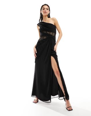 ASOS DESIGN - Maxikleid in Schwarz mit durchscheinenden Einsätzen, One-Shoulder-Träger und unversäubertem Saum