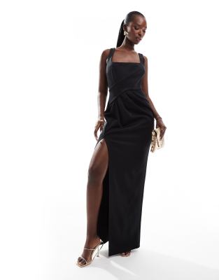 ASOS DESIGN - Maxikleid in Schwarz mit eckigem Ausschnitt und Faltendetail