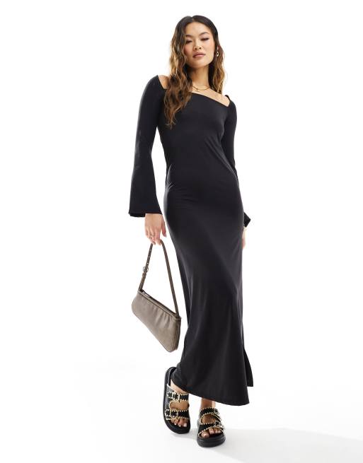 ASOS DESIGN – Maxikleid in Schwarz mit eckigem Ausschnitt und Trompetenärmeln