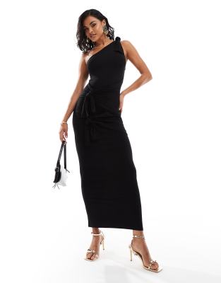 ASOS DESIGN - Maxikleid in Schwarz mit One-Shoulder-Träger und mehreren Zierknoten