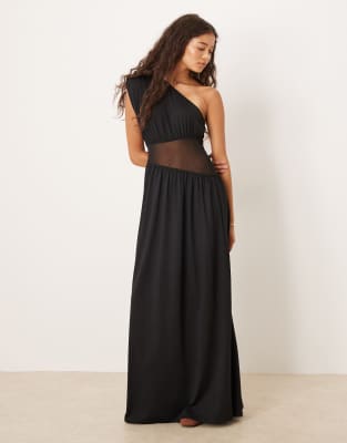 ASOS DESIGN - Maxikleid in Schwarz mit One-Shoulder-Träger und Netzstoffeinsatz