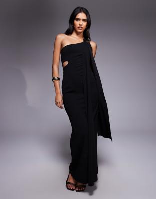 ASOS DESIGN - Maxikleid in Schwarz mit One-Shoulder-Träger, Zierausschnitt und Besatz in gehämmerter Optik