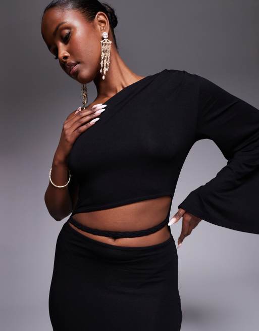 ASOS DESIGN – Maxikleid in Schwarz mit One-Shoulder-Trompetenärmel und verdrehtem Cut-out, 2 von 4