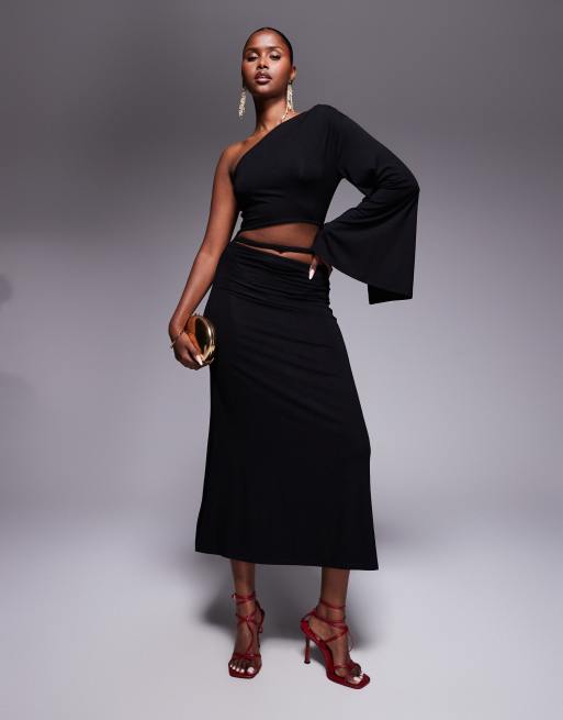 ASOS DESIGN – Maxikleid in Schwarz mit One-Shoulder-Trompetenärmel und verdrehtem Cut-out, 3 von 4