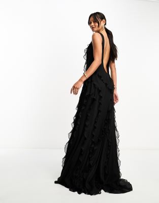 ASOS DESIGN - Maxikleid in Schwarz mit Rüschen und U-Ausschnitt hinten