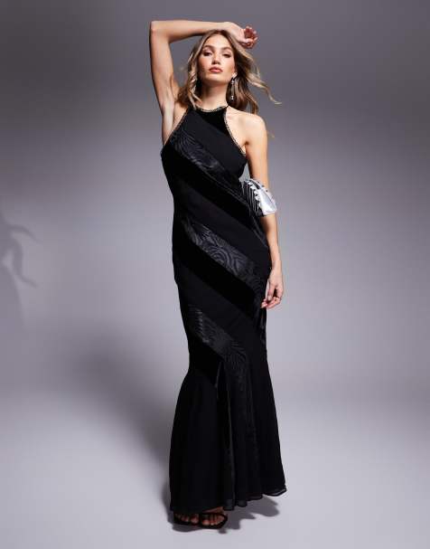 ASOS DESIGN – Maxikleid in Schwarz mit Samteinsatz, Ringerrücken und Godet-Rock - view 1