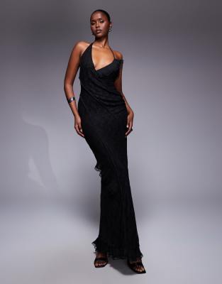 ASOS DESIGN - Maxikleid in Schwarz mit Spitzendetail, asymmetrischen Rüschen und Ziernaht